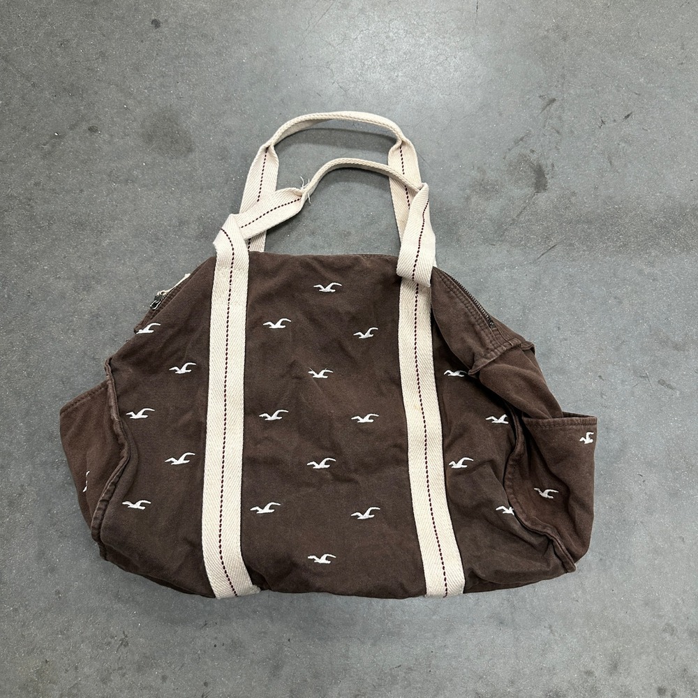 Hollister California Brown Canvas Duffle Bag Seagull Logo Weekend Gym Travel Bag